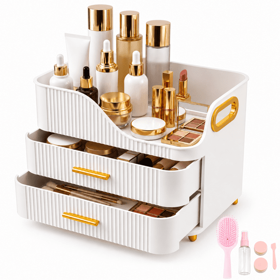 Countertop Makeup Organizer with Drawers, 3 Tier Cosmetic Storage Box with Beauty Accessories Set, Vanity Bathroom Counter Dresser Skincare Display Case for Lipsticks, Beauty Palettes, White