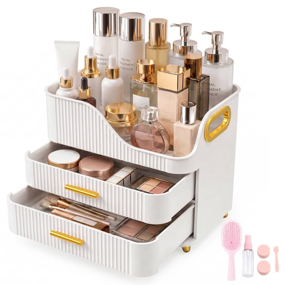 Countertop Makeup Organizer with Drawers, 3 Tier Cosmetic Storage Box with Beauty Accessories Set, Vanity Bathroom Counter Dresser Skincare Display Case for Lipsticks, Beauty Palettes, White