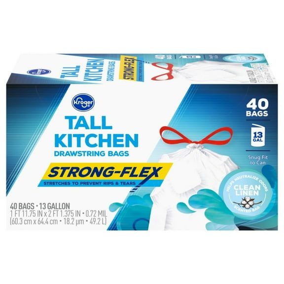 KR 13 Gallon Strong Flex Tall Drawstring Kitchen Bags Clean Linen Scent 40 ct - Pack of 3