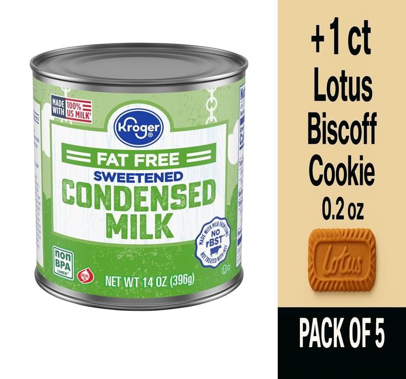 KR Fat Free Sweetened Condensed Milk 14 oz - Pack of 5 & Lotus Biscoff Cookie - 0.2 Oz - 1 ct