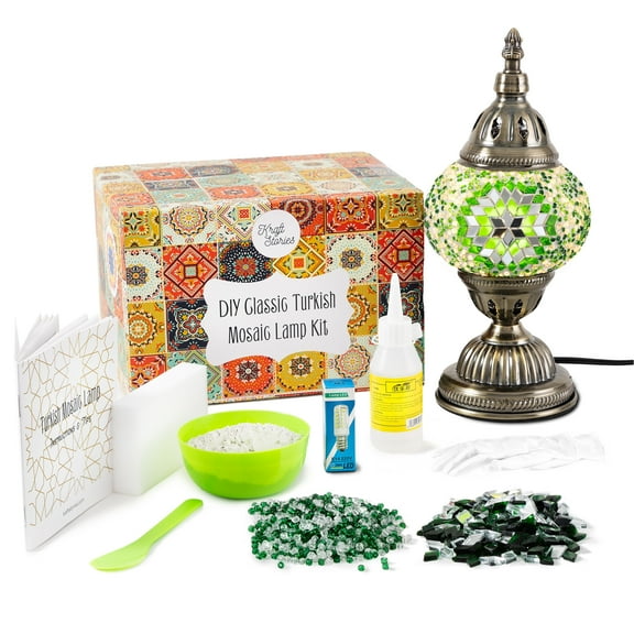 KRAFTSTORIES Turkish Mosaic Lamp Kit DIY Glass Decorative Table Bedside Night Light Tabletop for Living Room Bedroom | Make Your Own Lamp | Antique Bronze Base (Green)