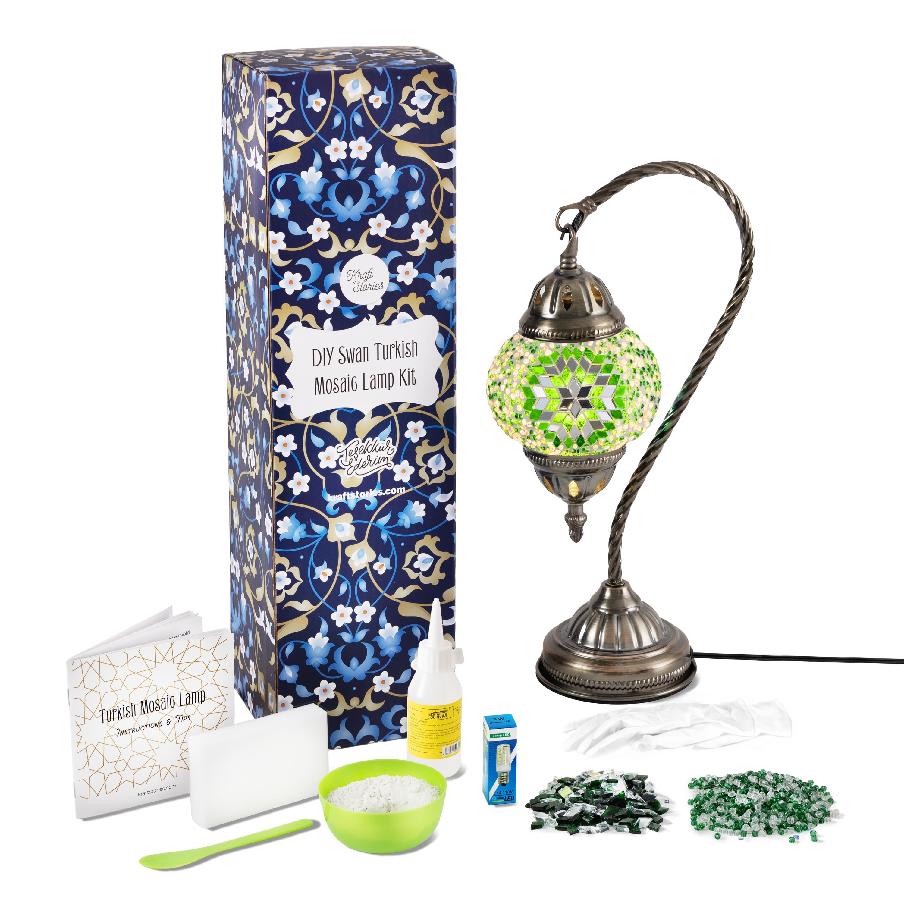 KRAFTSTORIES Turkish Mosaic Swan Neck Lamp Making Kit| DIY Colorful Glass Decorative Nightstand Table Light| Craft Kit |Make Your Own Lamp | Living Room Bedroom | Antique Bronze Base (Green)