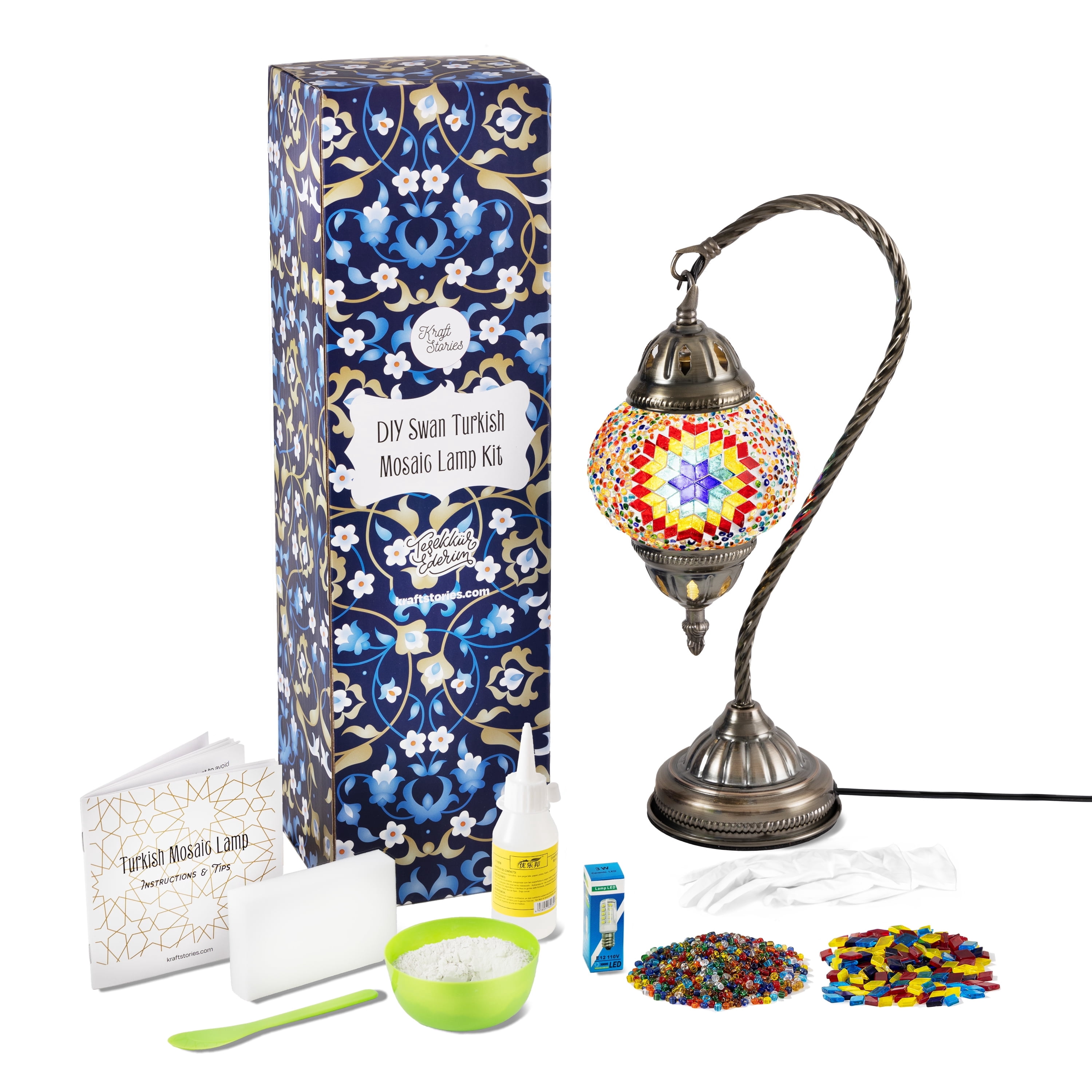 KRAFTSTORIES Turkish Mosaic Swan Neck Lamp Making Kit| DIY Colorful Glass Decorative Nightstand Table Light| Craft Kit |Make Your Own Lamp | Living Room Bedroom | Antique Bronze Base (Multicolor)