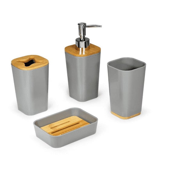 KRALIX Bathroom Set 4 Pieces Gray Plastic/Bamboo Bathroom Accessories