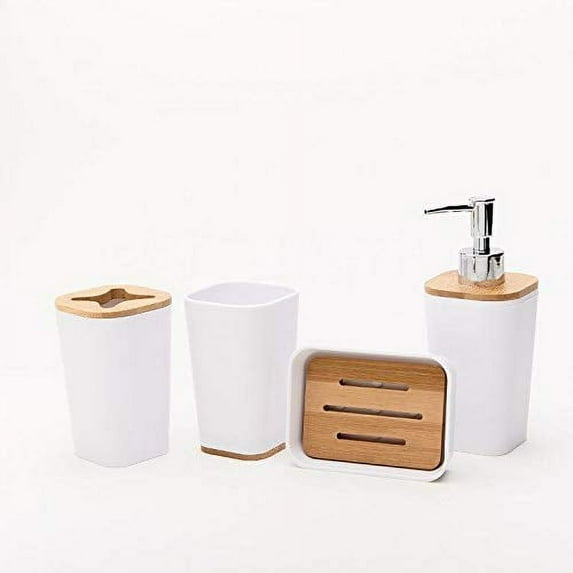 KRALIX Bathroom Set 4 Pieces White Plastic/Bamboo Bathroom Accessories