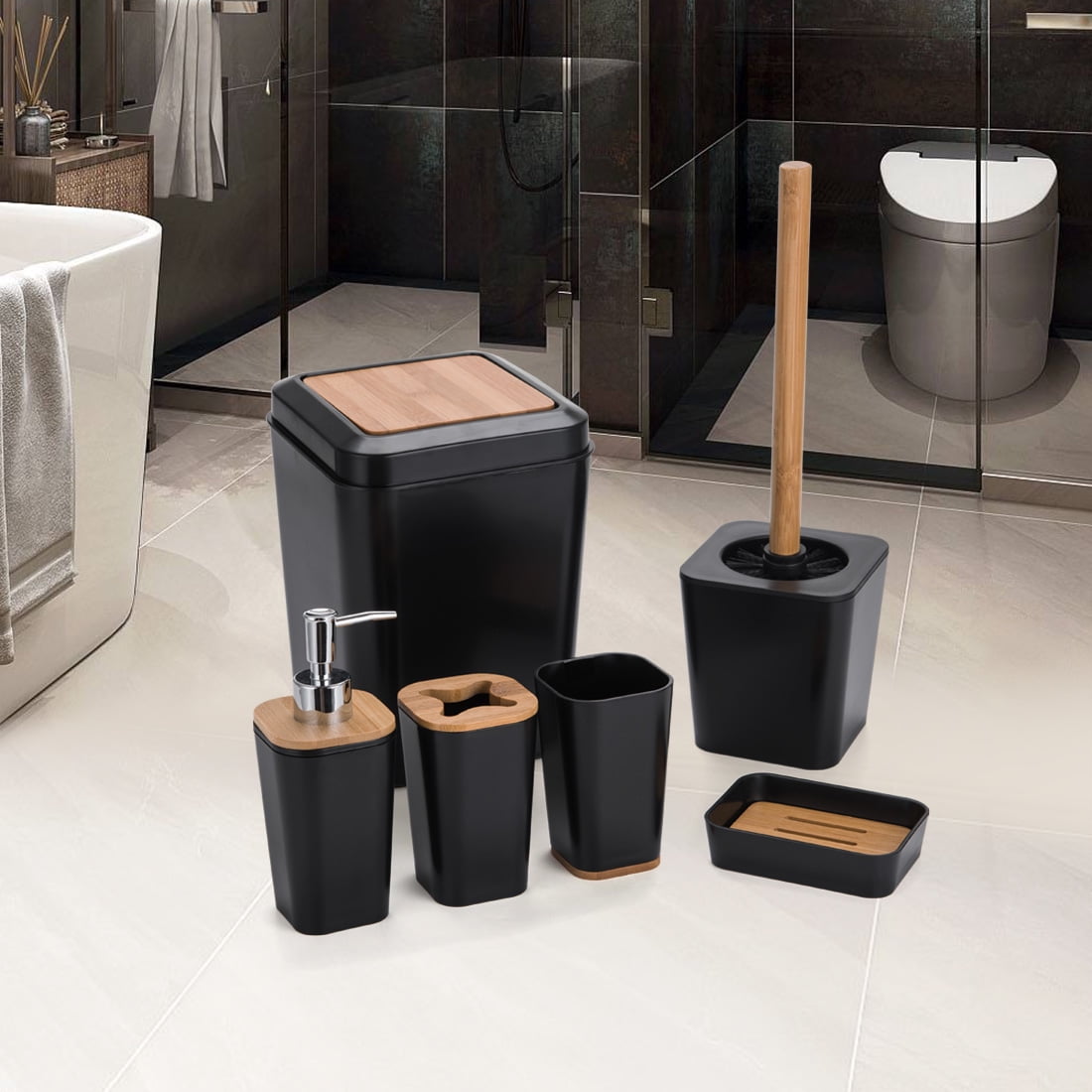 KRALIX Bathroom Set 6 Pieces Black Plastic/Bamboo Bathroom Accessories