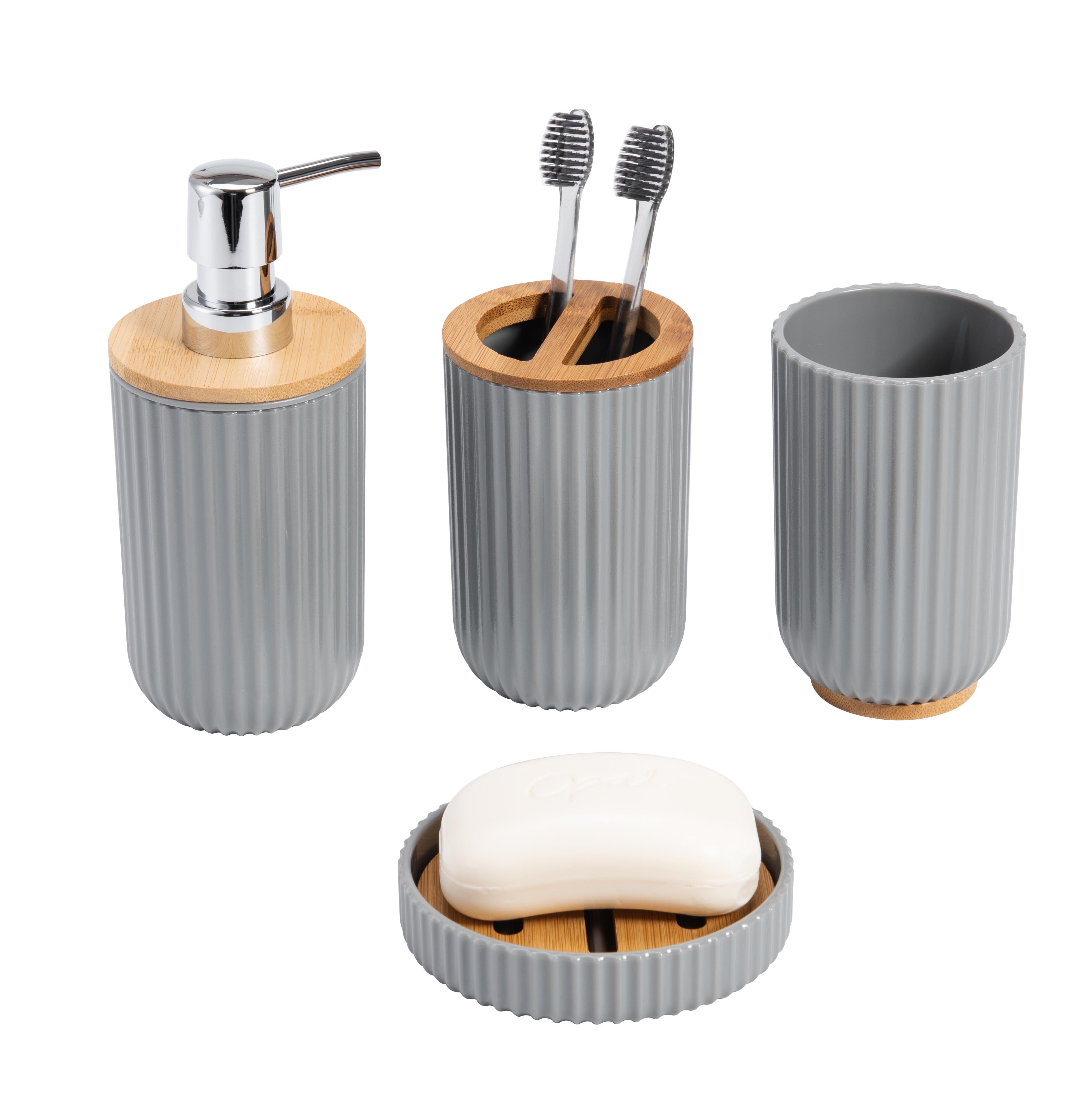 Gray Ribbed Bamboo and Plastic 4-Piece Bathroom Set