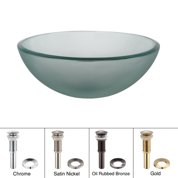 KRAUS 14 Inch Glass Vessel Sink in Frosted with Pop-Up Drain and Mounting Ring in Satin Nickel