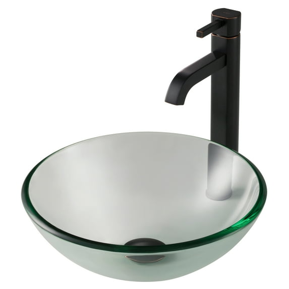 KRAUS 14-inch Clear Glass Bathroom Vessel Sink and Ramus Faucet Combo Set with Pop-Up Drain, Oil Rubbed Bronze Finish