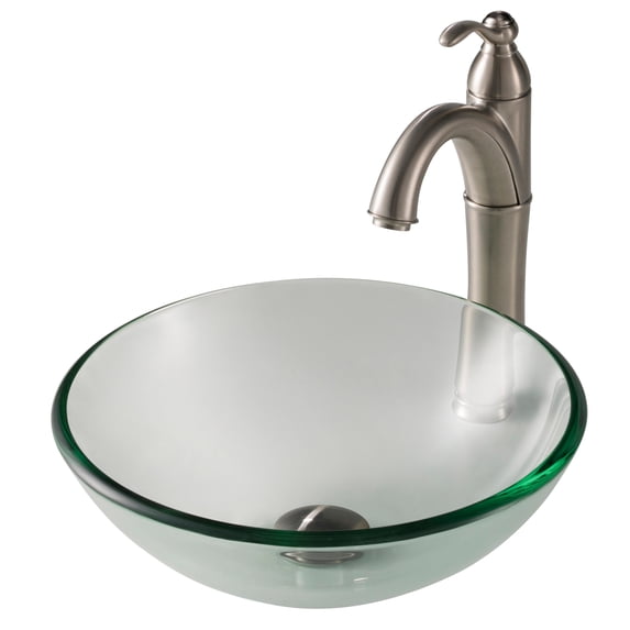 KRAUS 14-inch Clear Glass Bathroom Vessel Sink and Riviera? Faucet Combo Set with Pop-Up Drain, Satin Nickel Finish