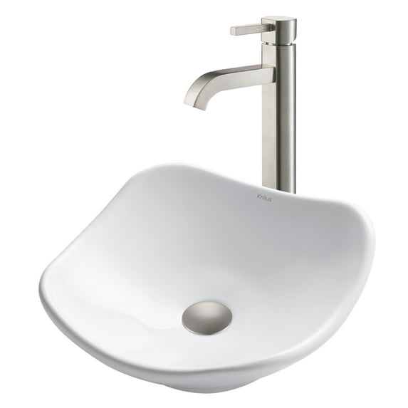 KRAUS 15 1/2-inch Modern Art White Porcelain Ceramic Bathroom Vessel Sink and Ramus™ Faucet Combo Set with Pop-Up Drain, Satin Nickel Finish