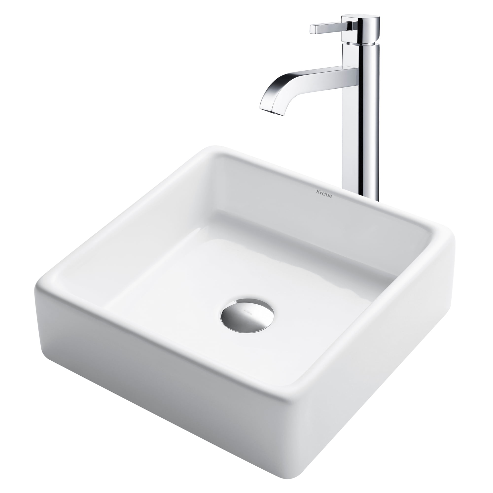 White Ceramic Square Vessel Sink with Chrome Faucet