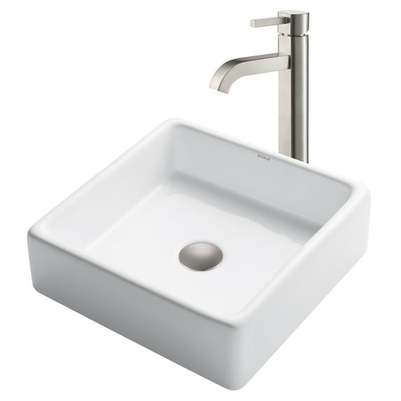 KRAUS 15-inch Square White Porcelain Ceramic Bathroom Vessel Sink and Ramus Faucet Combo Set with Pop-Up Drain, Satin Nickel Finish