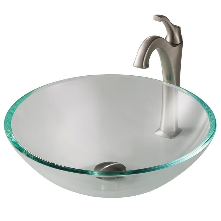 Glass Vessel Sink in Crystal with Waterfall Faucet and Pop-Up Drain in Brushed Nickel Glass Vessel Sink in Crystal with Waterfall Faucet and Pop-Up Drain in Brushed Nickel