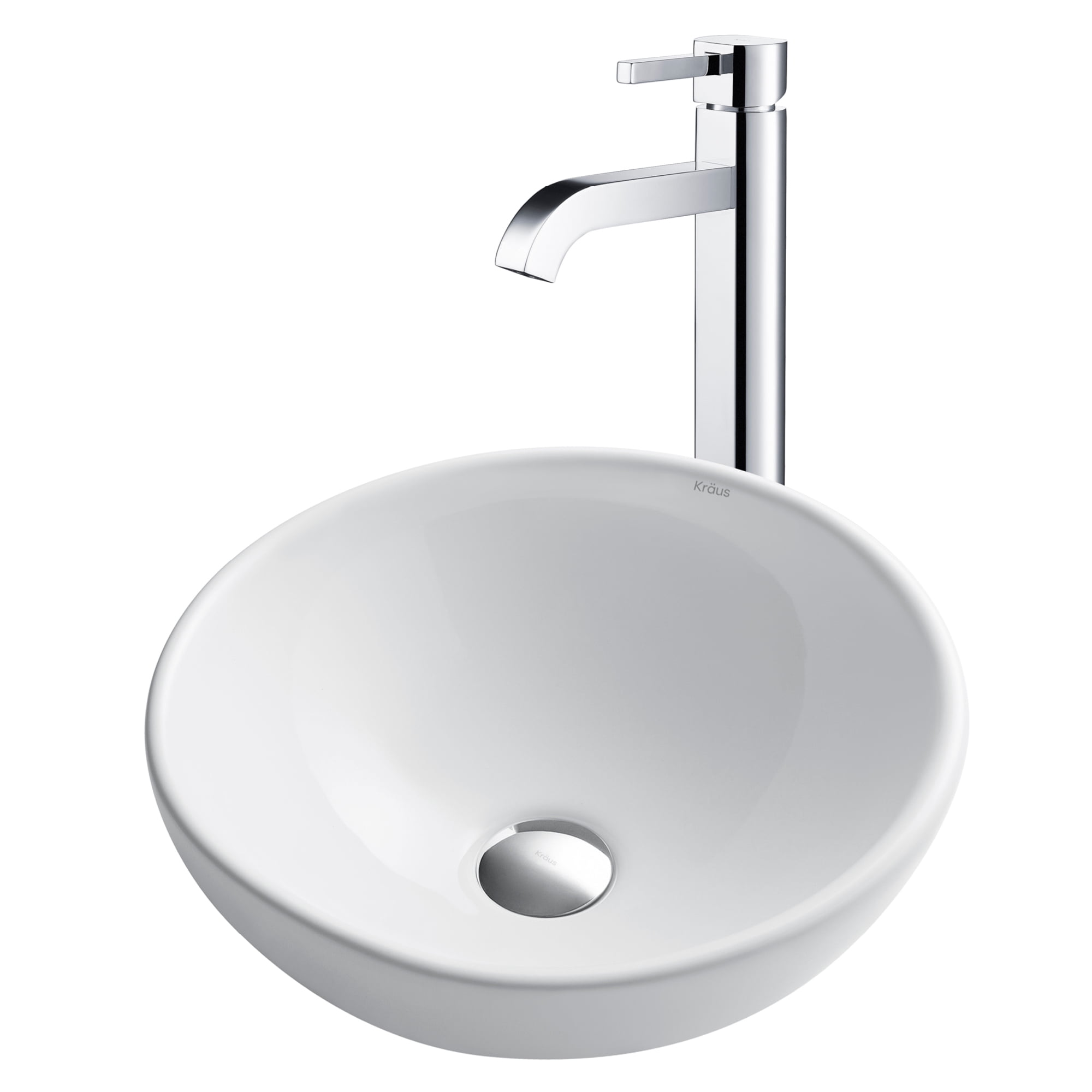 White Ceramic Round Vessel Sink with Chrome Faucet