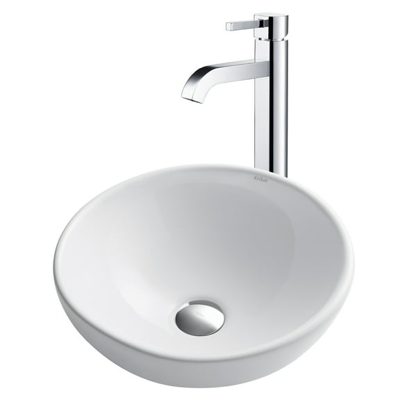 KRAUS 16-inch Round White Porcelain Ceramic Bathroom Vessel Sink and Ramus Faucet Combo Set with Pop-Up Drain, Chrome Finish
