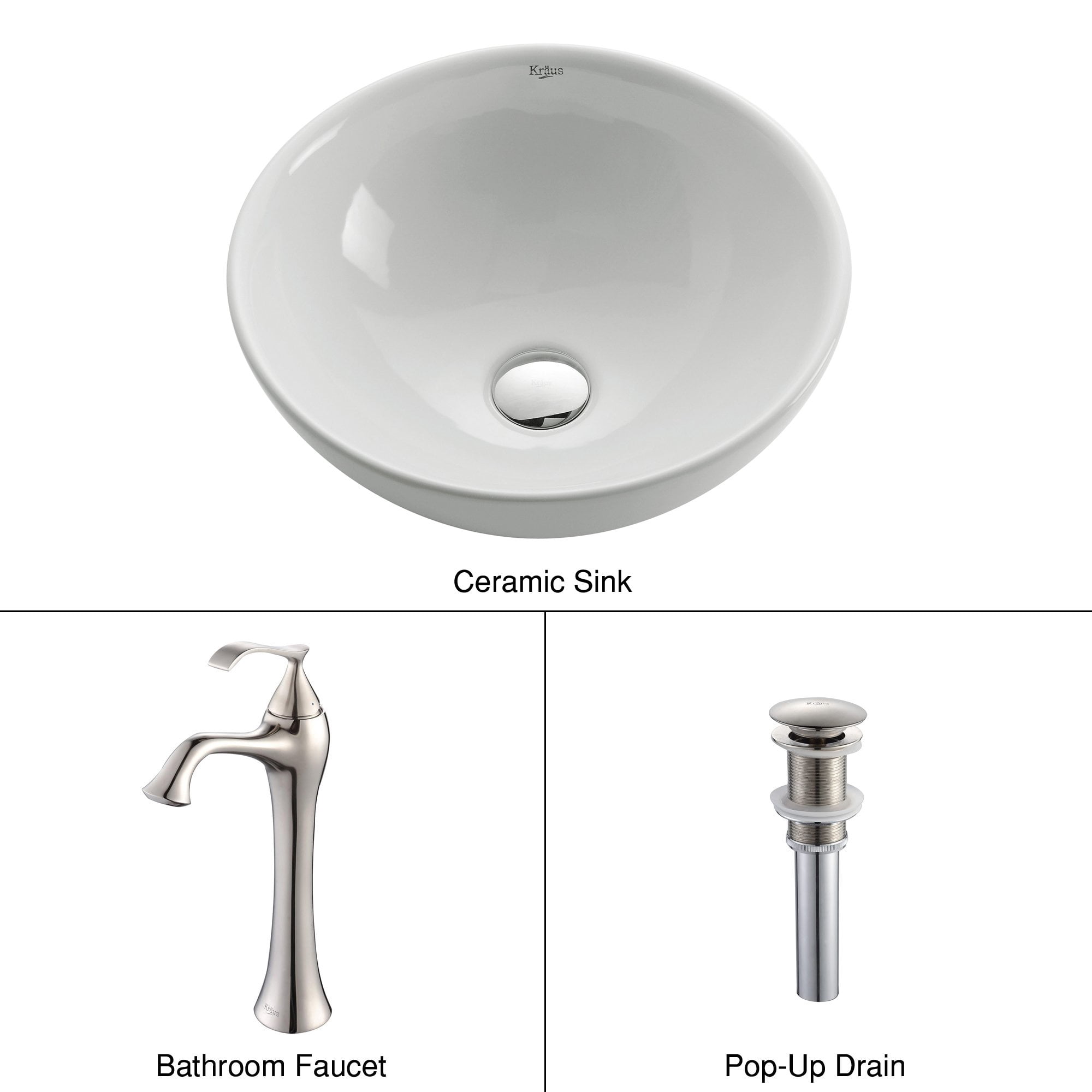 KRAUS 16inch Round White Porcelain Ceramic Bathroom Vessel Sink and Ventus鈩?Faucet Combo Set