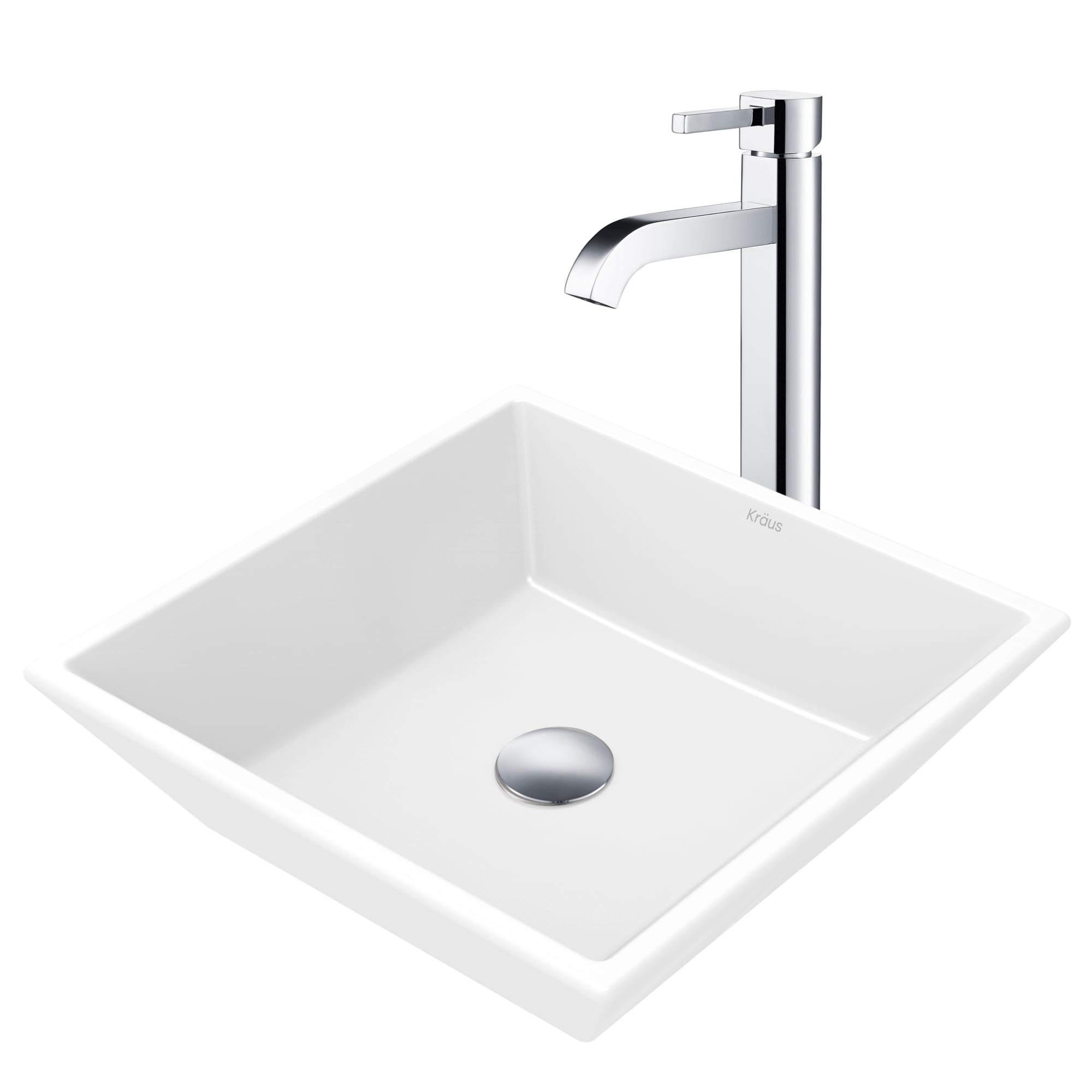 KRAUS 16inch Square White Porcelain Ceramic Bathroom Vessel Sink and Ramus™ Faucet Combo Set