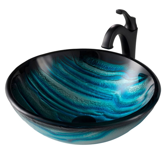 KRAUS 17-inch Blue Glass Nature Series Bathroom Vessel Sink and Matte Black Arlo Faucet Combo Set with Pop-Up Drain