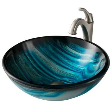 KRAUS 17-inch Blue Glass Nature Series Bathroom Vessel Sink and Spot Free Arlo Faucet Combo Set with Pop-Up Drain, Stainless Brushed Nickel Finish