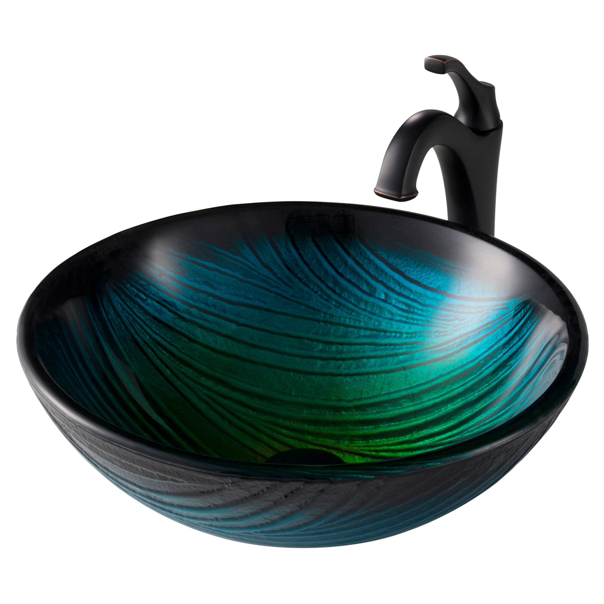 17-inch Green and Black Tempered Glass Vessel Sink with Oil Rubbed Bronze Faucet