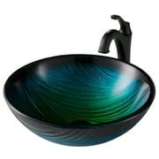 KRAUS 17-inch Green Glass Nature Series Bathroom Vessel Sink and Matte Black Arlo Faucet Combo Set with Pop-Up Drain