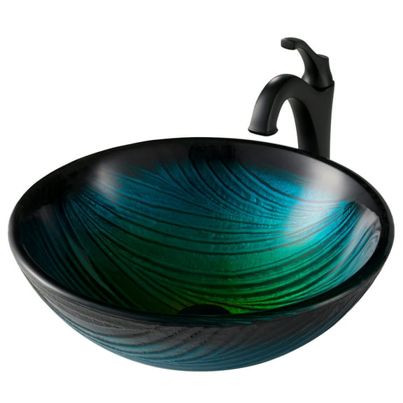 KRAUS 17-inch Green Glass Nature Series Bathroom Vessel Sink and Matte Black Arlo Faucet Combo Set with Pop-Up Drain