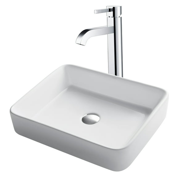 KRAUS 19-inch Modern Rectangular White Porcelain Ceramic Bathroom Vessel Sink and Ramus Faucet Combo Set with Pop-Up Drain, Chrome Finish