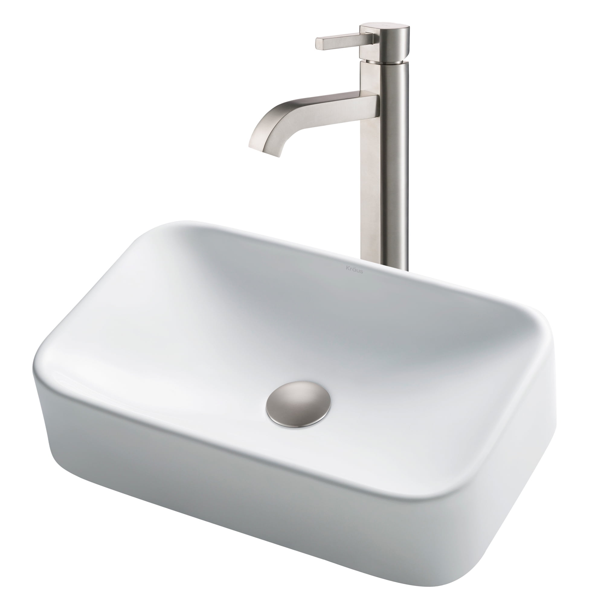 White Ceramic Rectangular Vessel Sink with Satin Nickel Faucet