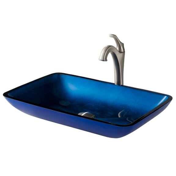 KRAUS 22-inch Rectangular Blue Glass Bathroom Vessel Sink and Spot Free Arlo Faucet Combo Set with Pop-Up Drain, Stainless Brushed Nickel Finish