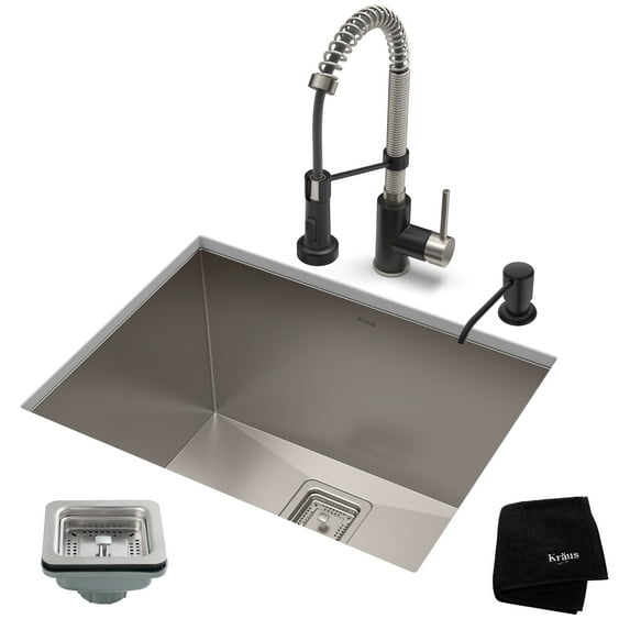 KRAUS 24-inch 18 Gauge Pax Laundry and Utility Sink Combo Set with Bolden 18-inch Kitchen Faucet and Soap Dispenser, Stainless Steel Matte Black Finish