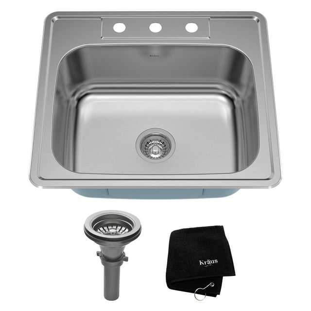 KRAUS 25 Inch Topmount Single Bowl 18 Gauge Stainless Steel Kitchen Sink with NoiseDefend Soundproofing