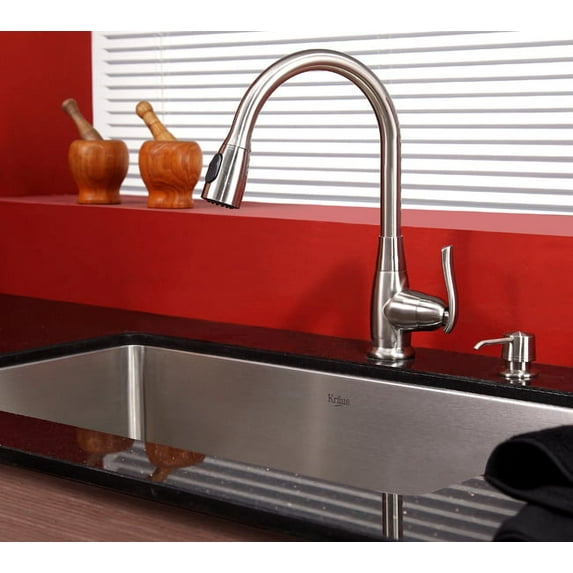 KRAUS 30 Inch Undermount Single Bowl 16 Gauge Stainless Steel Kitchen Sink with Pull Down Kitchen Faucet & Soap Dispenser in Satin Nickel