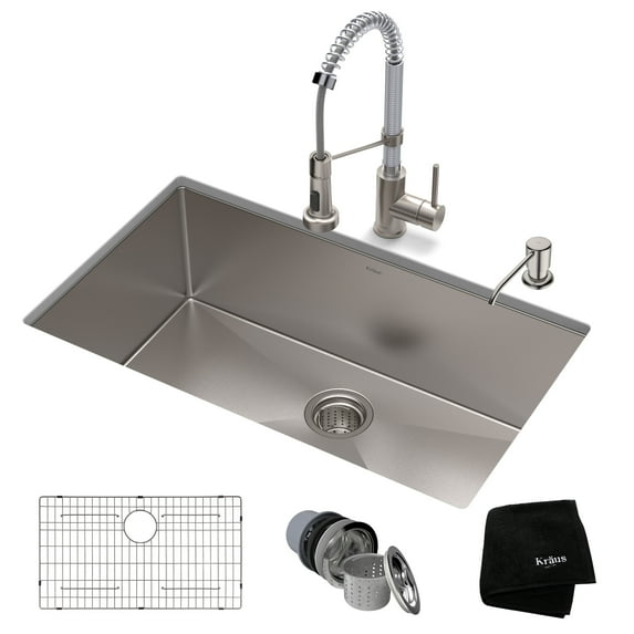 KRAUS 30-inch 16 Gauge Standart PRO Kitchen Sink Combo Set with Bolden 18-inch Kitchen Faucet and Soap Dispenser, Stainless Steel Chrome Finish
