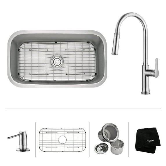 KRAUS 31 1/2 Inch Undermount Single Bowl Stainless Steel Kitchen Sink with Nola Pull Down Kitchen Faucet & Soap Dispenser in Chrome