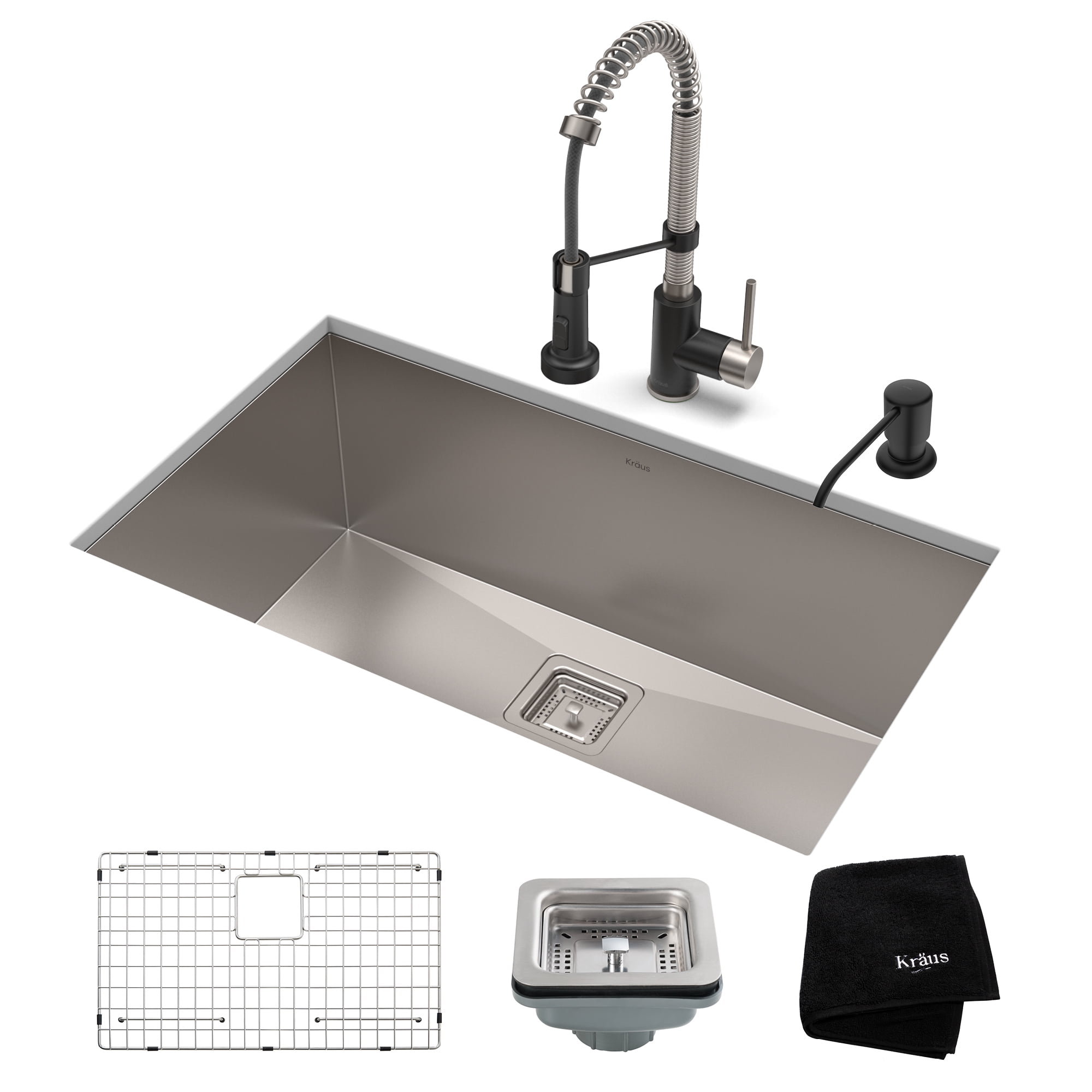 KRAUS 31 1/2-inch 16 Gauge Pax Kitchen Sink Combo Set with Bolden 18-inch Kitchen Faucet and Soap Dispenser, Stainless Steel Matte Black Finish