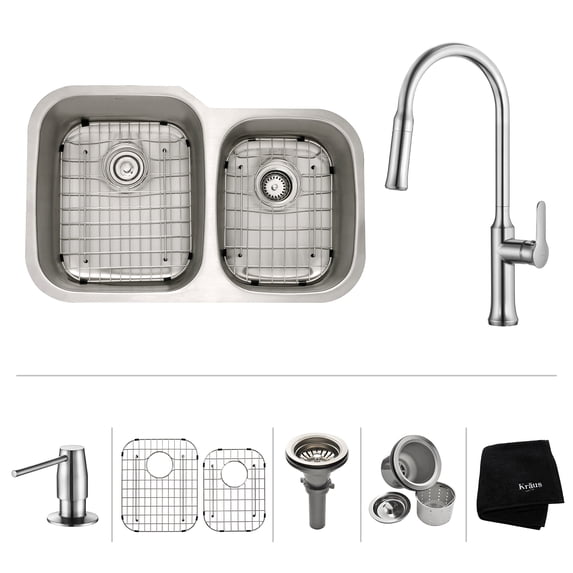 KRAUS 32 Inch Undermount Double Bowl Stainless Steel Kitchen Sink with Nola Pull Down Kitchen Faucet & Soap Dispenser in Chrome