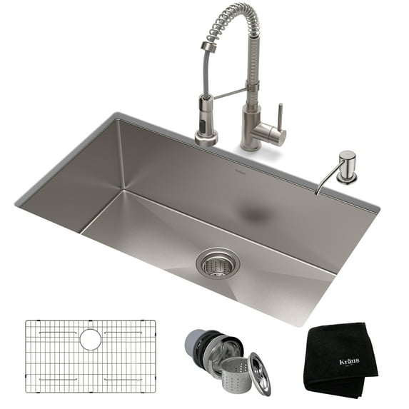 KRAUS 32-inch 16 Gauge Standart PRO Kitchen Sink Combo Set with Bolden 18-inch Kitchen Faucet and Soap Dispenser, Stainless Steel Finish