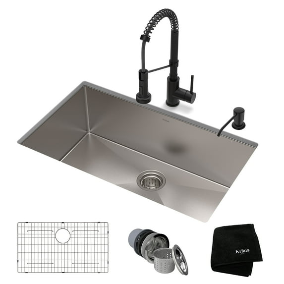 KRAUS 32-inch 16 Gauge Standart PRO Kitchen Sink Combo Set with Matte Black Bolden 18-inch Kitchen Faucet and Soap Dispenser