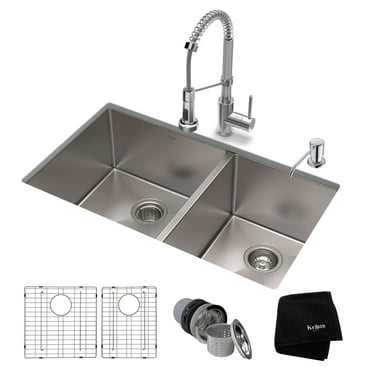 KRAUS 33-inch 16 Gauge Double Bowl 60/40 Standart PRO Kitchen Sink Combo Set with Bolden 18-inch Kitchen Faucet and Soap Dispenser, Chrome Finish