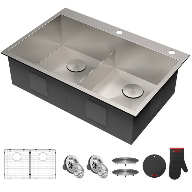 KRAUS 33 x 22 inch Pax Drop-In Topmount 16 Gauge Zero-Radius Double Bowl 2-Hole Stainless Steel Kitchen Sink