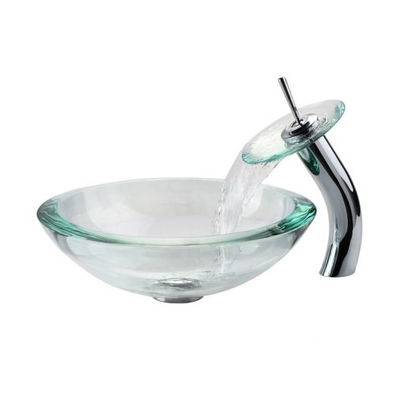 KRAUS 34 mm Thick Glass Vessel Sink in Clear with Waterfall Faucet in Chrome