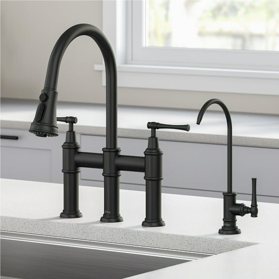 KRAUS Allyn Transitional Bridge Kitchen Faucet and Water Filter Faucet Combo in Matte Black