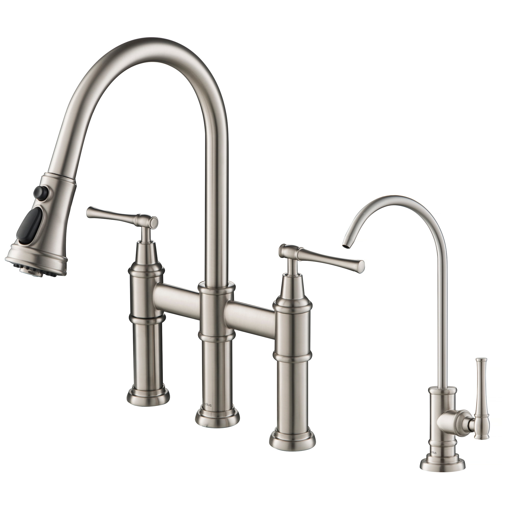 Stainless Steel Bridge Kitchen Faucet with Pull-out Spray and Filter