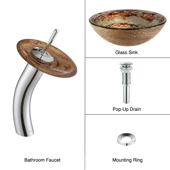 KRAUS Ares Glass Vessel Sink in Gold with Single Hole Single-Handle Waterfall Faucet in Chrome