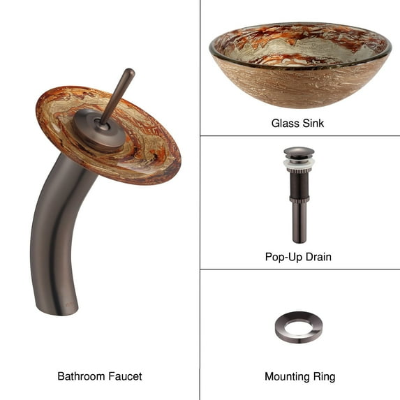 KRAUS Ares Glass Vessel Sink in Gold with Single Hole Single-Handle Waterfall Faucet in Oil Rubbed Bronze
