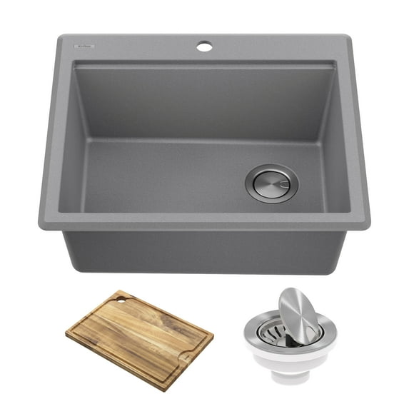 KRAUS Bellucci 25 Granite Composite WorkstationDrop-In Top MountSingle Bowl Kitchen Sink in Metallic Greywith Accessories