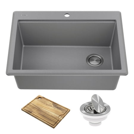 KRAUS Bellucci 28 Granite Composite WorkstationDrop-In Top MountSingle Bowl Kitchen Sink in Metallic Greywith Accessories