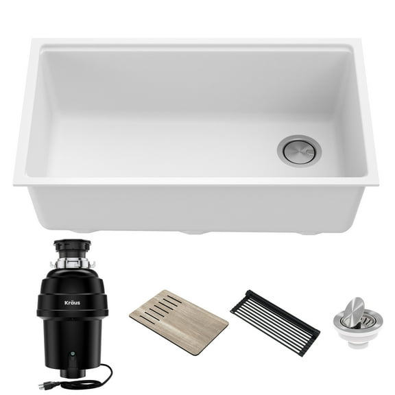 KRAUS Bellucci Workstation 32 in. Undermount Granite Composite Single Bowl Kitchen Sink in White with WasteGuard 1 HP Continuous Feed Garbage Disposal and Accessories