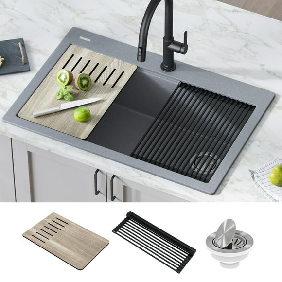 KRAUS Bellucci Workstation 33 inch Drop-In Granite Composite Single Bowl Kitchen Sink in Metallic Gray with Accessories